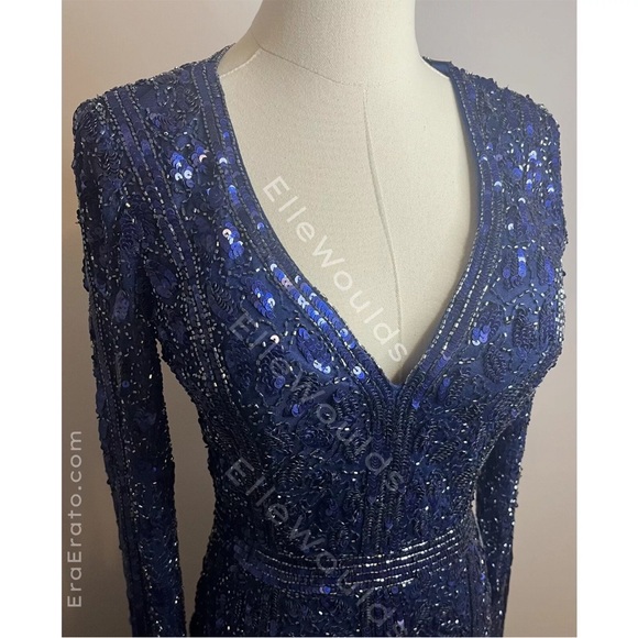 Mac Duggal Embellished Front Slit Long Sleeve Gown,  5002, Midnight, Size 2 - Picture 4 of 5